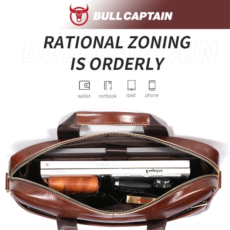 BULLCAPTAIN Leather Laptop Bag, Top Layer Leather 15" Laptop Bag Men's Laptop Briefcase Briefcase Work Business Travel Bag 053 - Image 2