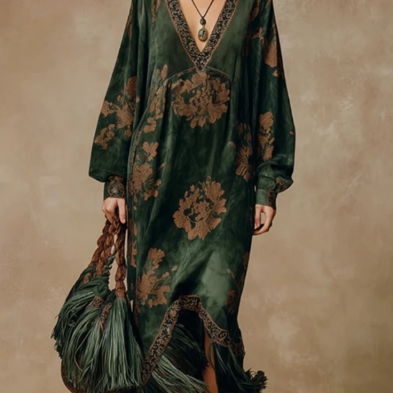 Elegant Women Suede Dress Fringe Hem Loose V Neck Long Sleeve Boho High Waist Flower Print Evening Party Maxi Dresses - Image 3