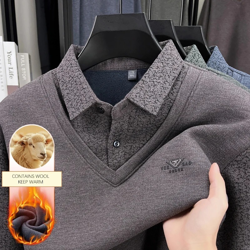 BROWON Winter Male Clothing 2025 Men Long Sleeve T-shirt Plus Velvet Warm Luxury Tshirt Men Turndown Collar Fake Two Man Tops - Image 2