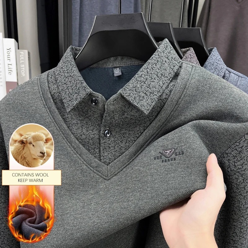 BROWON Winter Male Clothing 2025 Men Long Sleeve T-shirt Plus Velvet Warm Luxury Tshirt Men Turndown Collar Fake Two Man Tops - Image 3