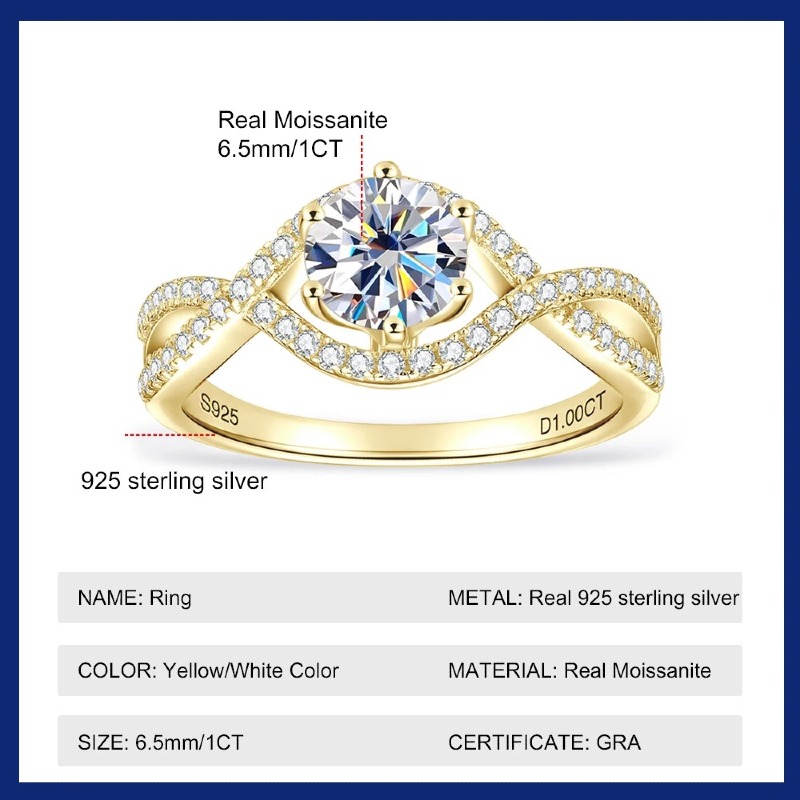 Sweetrain 1CT Moissanite Rings GRA Certified Diamond Band S925 Silver 18k Plated Engagement Wedding Ring for Women Brithday Gift - Image 4