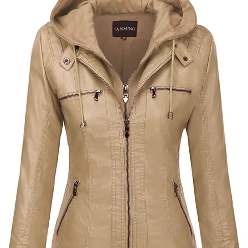 Hooded Leather Jacket Two-Piece Set Removable Large Size Leather Jacket for Women Spring & Fall Outwear for Women Pu Washed Leather - Image 2