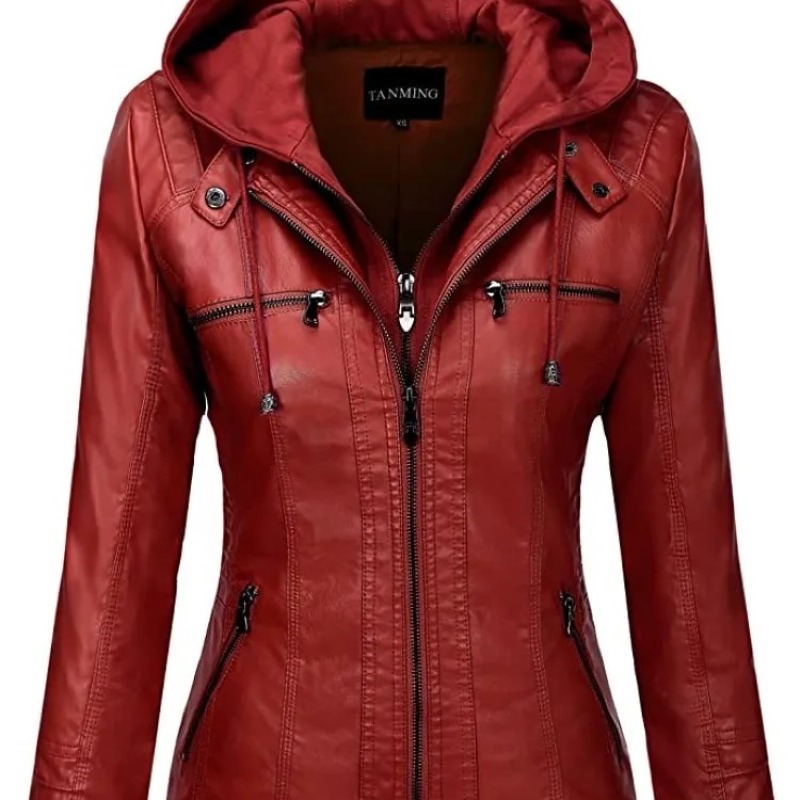 Hooded Leather Jacket Two-Piece Set Removable Large Size Leather Jacket for Women Spring & Fall Outwear for Women Pu Washed Leather - Image 3