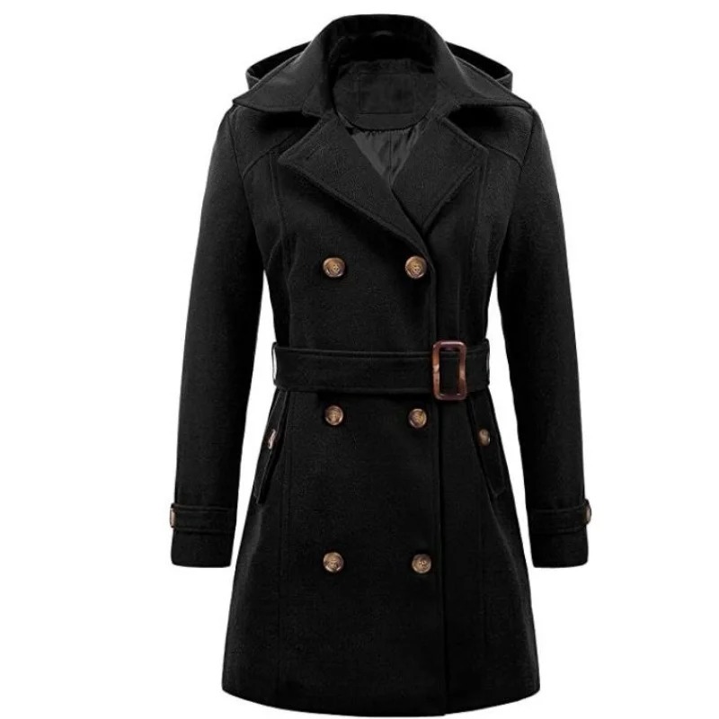  Female Hooded Woman Jackets Mid-length Double-breasted Ladies Overcoats Woolen Lapel Turndown CollarTop Winter Jacket Streetwear - Image 2
